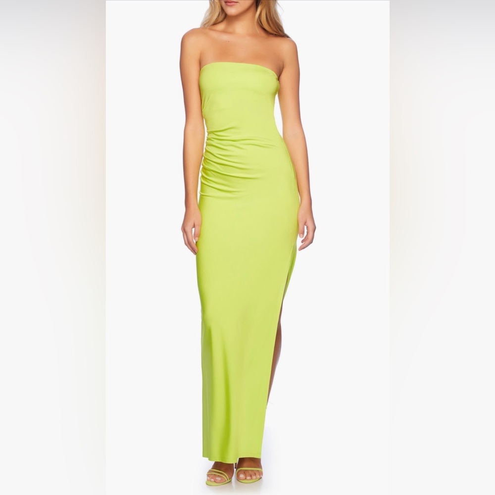 Susana Monaco Lime Green Strapless Maxi Dress Ruched Bodycon Slit